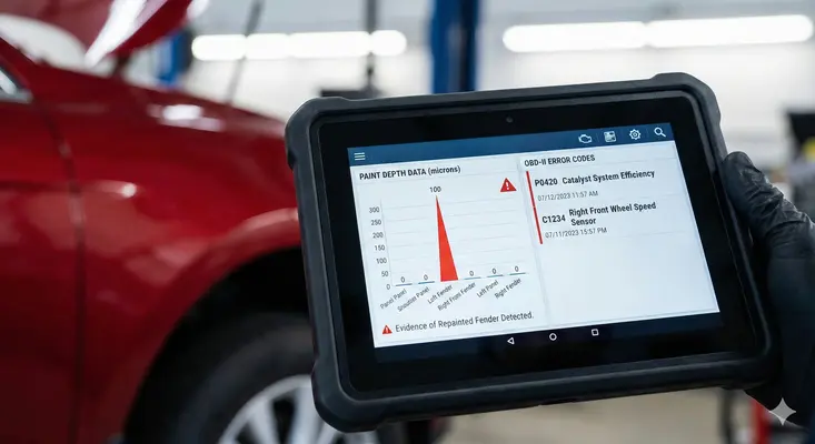 Diagnostic tablet screen showing digital paint depth readings and OBD-II error codes indicating a repainted fender