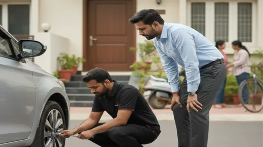 Step 2: Expert engineer conducting professional car inspection at dealership in Ghaziabad